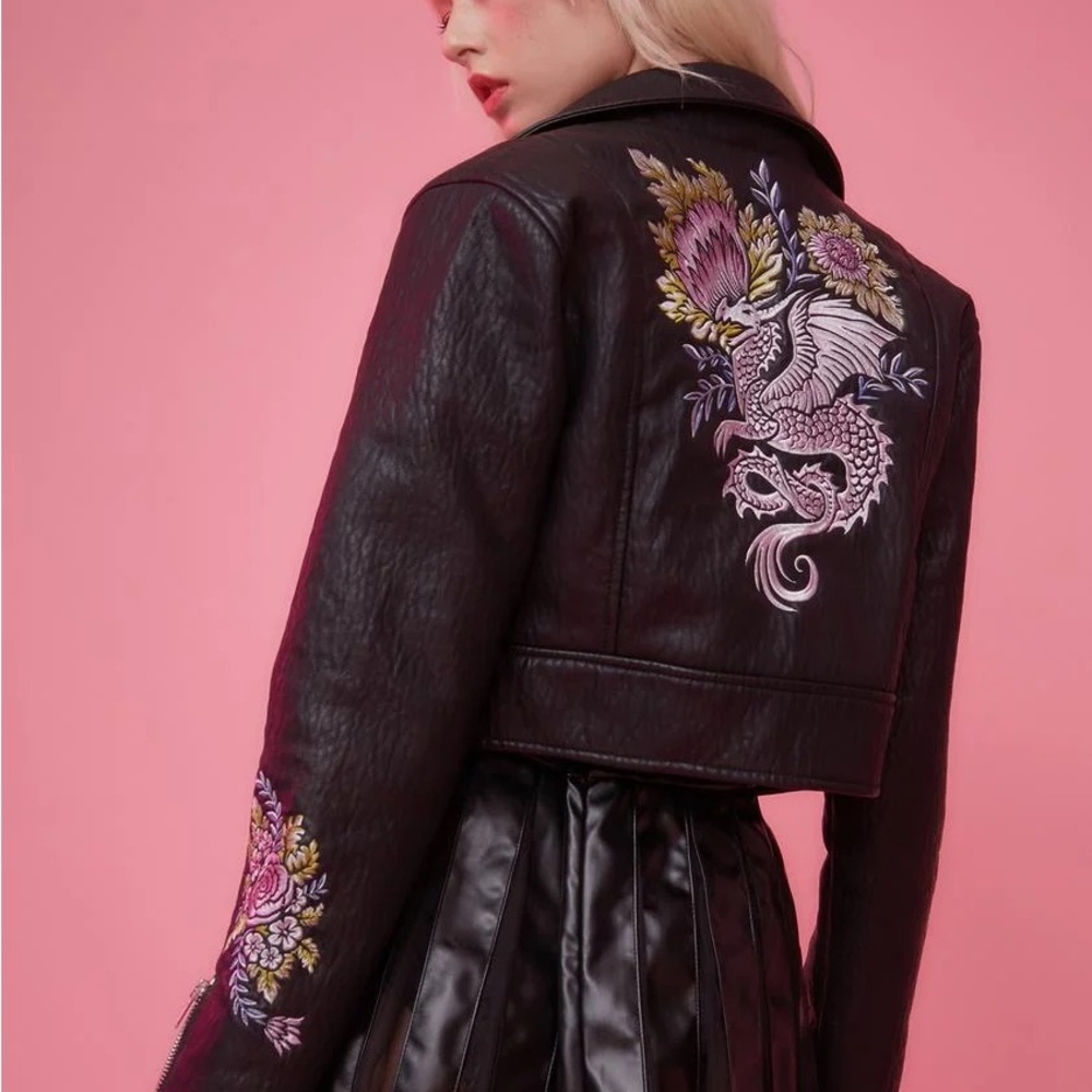 Sugar Thrillz Cropped Black Embroidered Dragon Faux-Leather Jacket - Women's